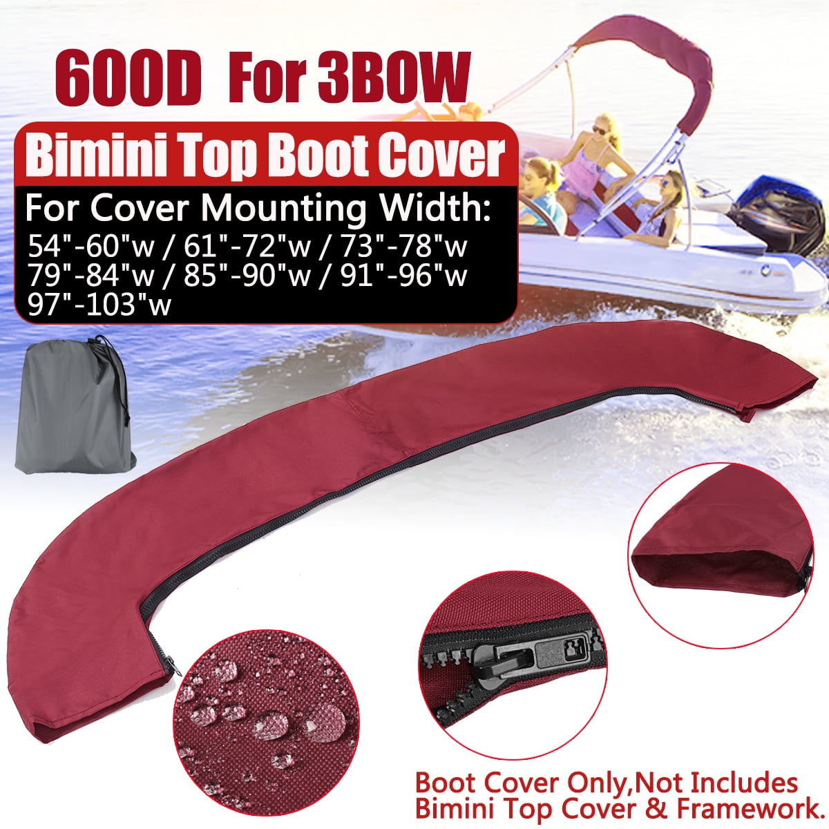 Red 600D 3 BOW Bimini Top Storage Boot Cover Storage Bag Sock Boat