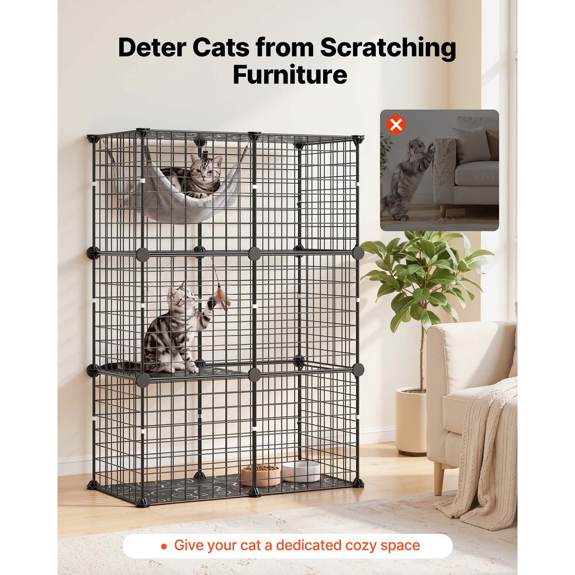 Cat Cage, 3-Tier DIY Cat Playpen Indoor Enclosure, Detachable Metal Wire Kennel Crate, Large Exercise Place Ideal for 1-2 Cats, Kittens, Rabbits, Ferrets & Small Animals, Black 28"x13.98"x40.98"
