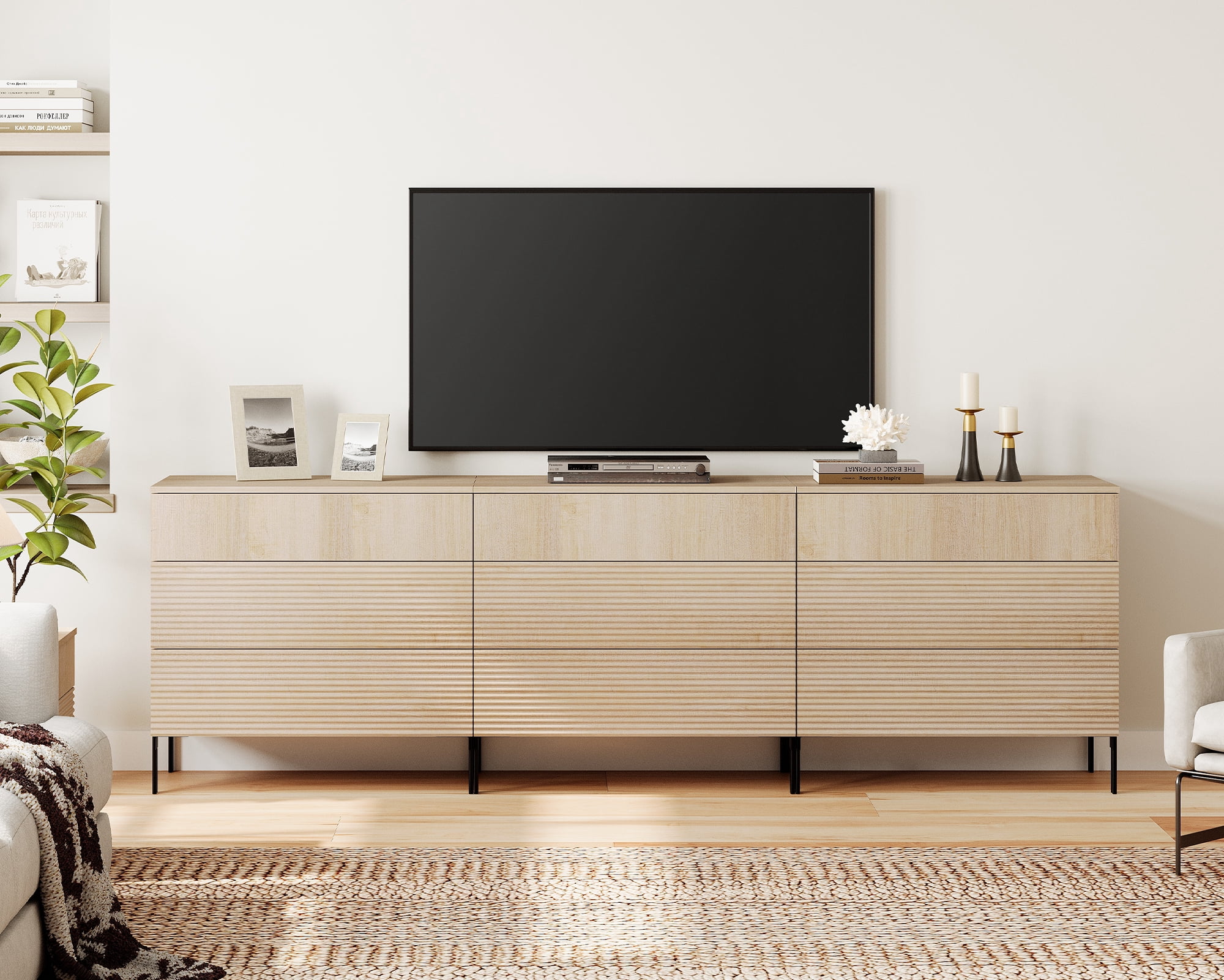 Modern 9 Drawer Dresser TV Stand for TVs up to 100 Inch, Reeded Entertainment Center, Wood TV Console with Storage for Living Room