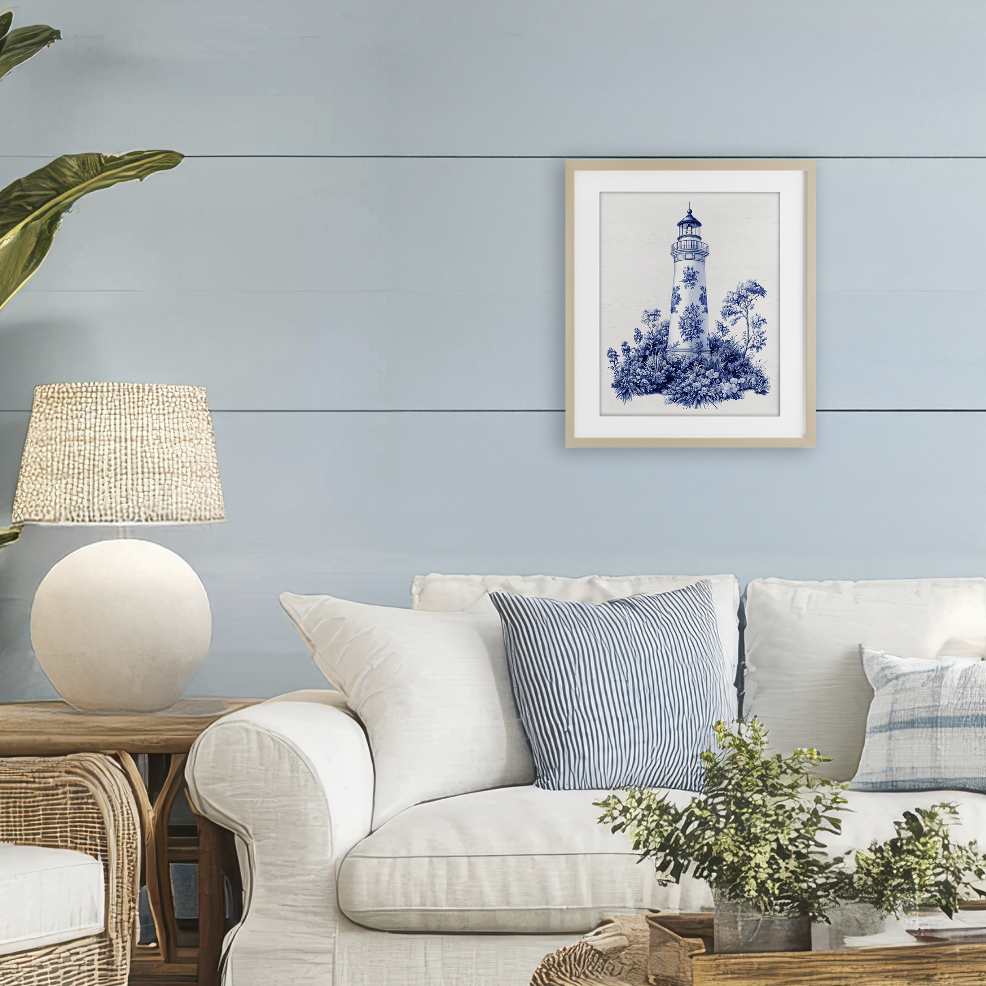 Toile Patterned Lighthouse Birch Framed Print Under Glass, design by Lettered and Lined