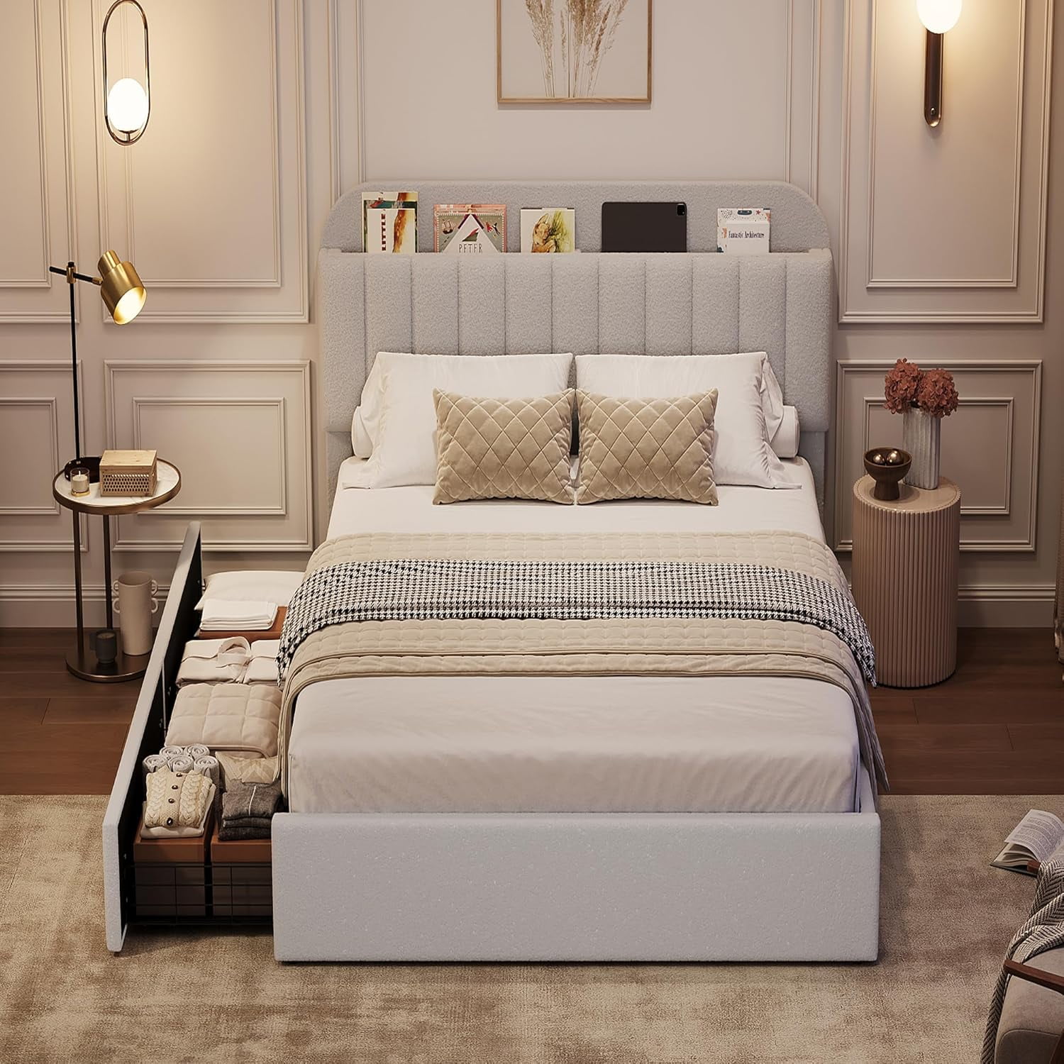 Twin Upholstered Bed Frame with Storage Headboard & 2 Drawers, Bookcase, Wood Slats, No Box Spring Needed. Grey