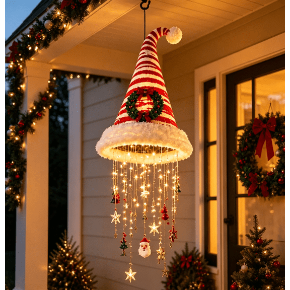 Lighted Candy Cane Striped Wreath Hat Hanging Chandelier, Cascading Warm LED String Light, Christmas Hanging Decor for Living Room & Front Porch