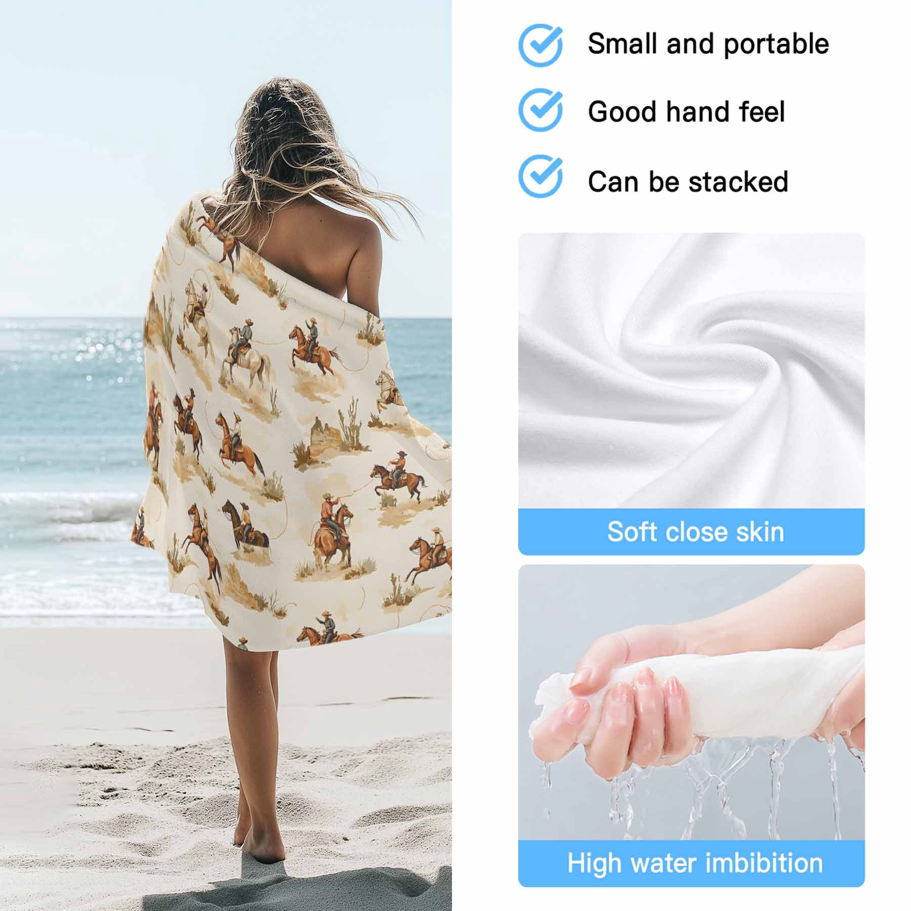 Farmhouse Western Beach Towels Blanket Soft&Absorbent Quick Dry Microfiber Cowboy Desert Horse Print Pool Towels for Swimming ,Yoga, Sports, Gym, Camping,Large 35X70in, Brown Beige