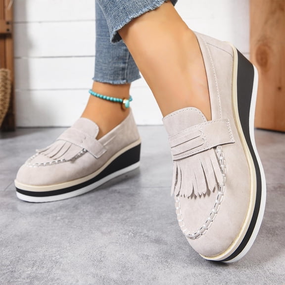 Taylonsss Women's Fashion Casual Round Toe Tassel Slip-On Loafers with Comfortable Wedge Heels for All-Day Wear in Office and Outdoor Activities