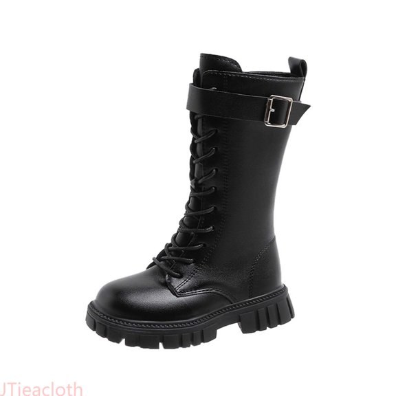 JTieacloth Girls Buckle Lace Up Knee High Mid Calf Boots, Classic Non- Side Zipper Winter Fall Combat Riding Boots Toddler/Little Kid/Big Kid(Black)