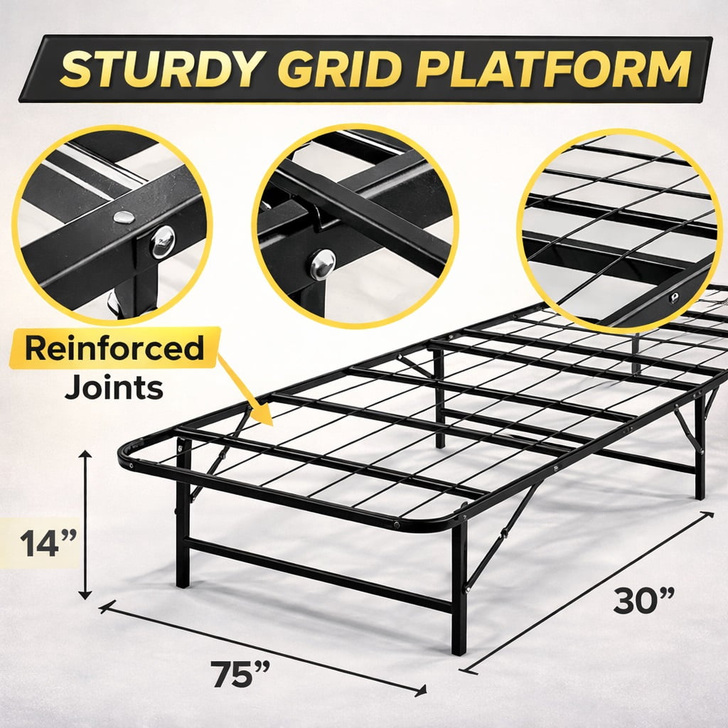 Continental Sleep, 14-Inch Foldable Metal Platform Bed Frame with Tool Free Setup, Sturdy Steel, No Box Spring Needed, 75" x 30", Black
