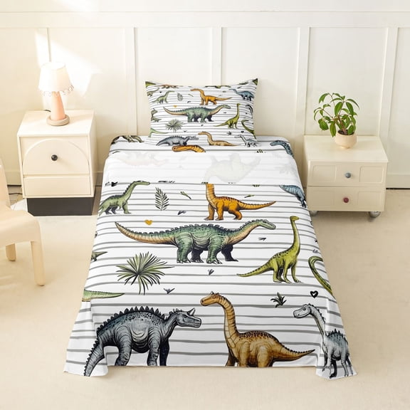Feelyou Cartoon Dinosaur Twin Sheet Sets for Kids Boys, Jungle Wildlife Bedding, White Green, 3pcs