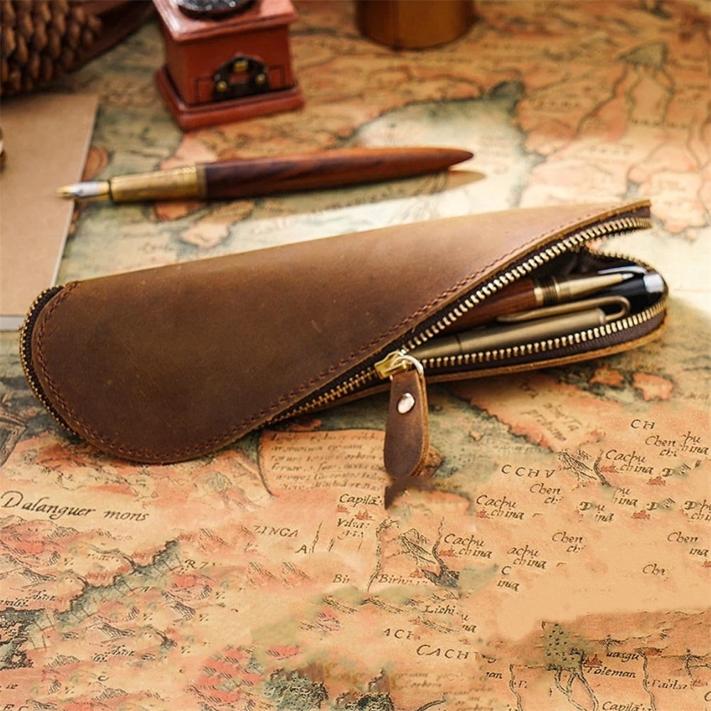 Leather Pen Case Pencil Bag Pouch With Zipper Pen Holders Handmade Genuine Leather For Men Women Businessmen And Artists Home Work Office (Brown,Excluding pencils)