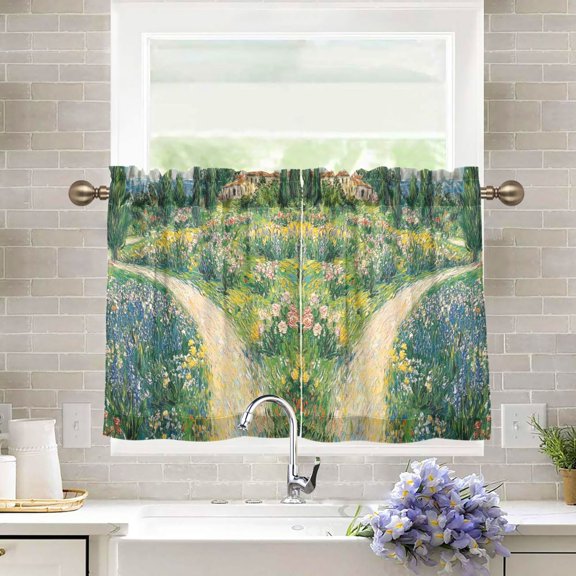 Yayeee Kitchen Curtains Tier Pair Light Filtering 27"x36" Rod Pocket Short Cafe Window Panel, Art Garden Scene