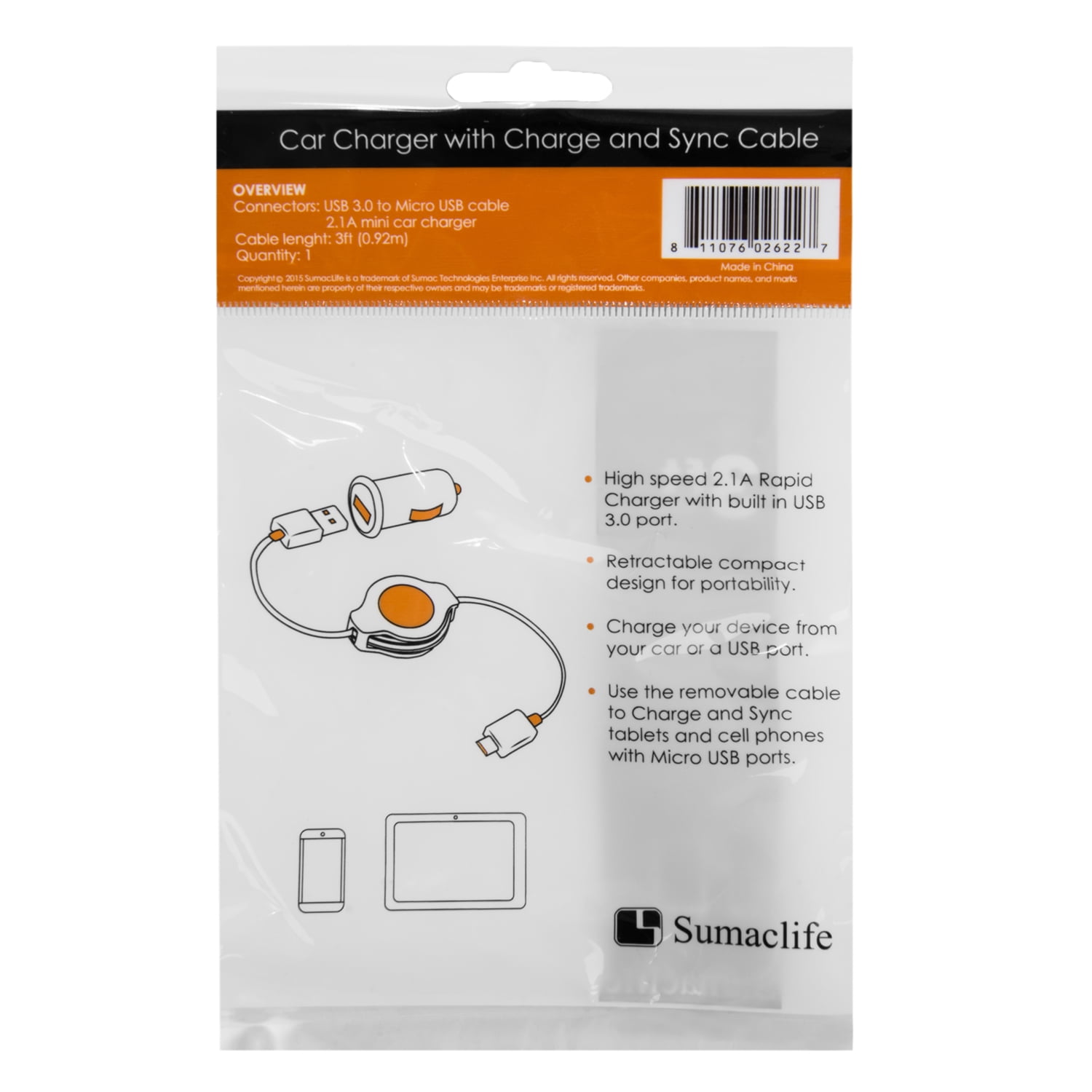 6 Pack Tangle-Free Retractable Micro USB Car Charging Cable For Cellphones, Digital Cameras, And Other Electronics (Orange)