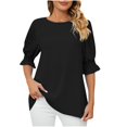 thumbnail image 1 of Bigersell Trendy Summer Tops Women's Round-Neck Solid Ruffle Princess Sleeve Loose Short Sleeve Tops Women's Plus Swing Scoop Neck Short Sleeve Tunic Tshirts Shirts Style B6009, Black L, 1 of 4