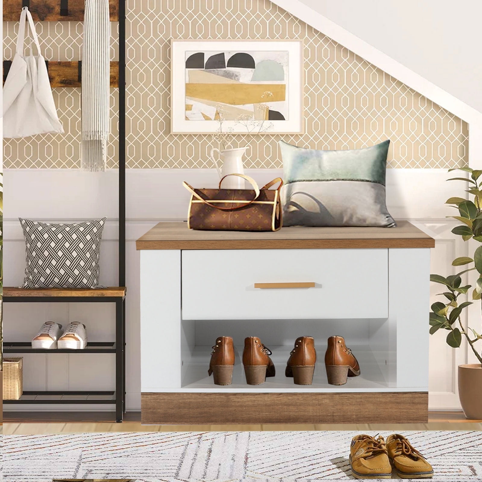 Giluta 31.5" W White/Rustic Oak Shoe Bench Storage for Entryway,Modern