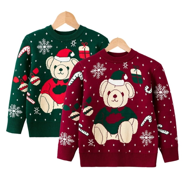 Pull de Noël Brodé Ours pour Enfants Garçons Filles Col Rond Pull Tricoté Automne Hiver Chemise Douce Décontractée