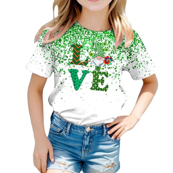 FUZHIQ Kids St. Patrick's Day Shirts Clover Shamrock Short Summer Tee Shirts Round Neck Funny Cute Casual Party Girls T-Shirts Size 7-8(Green,3-4 Years)