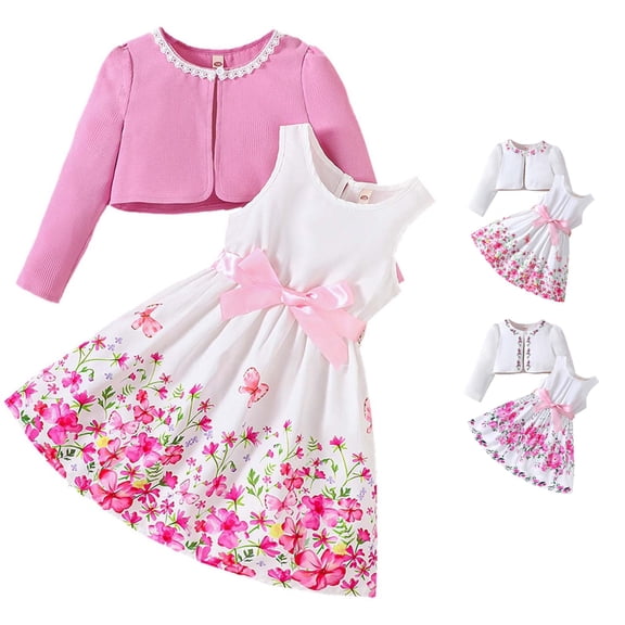 ZXLBBD Girls Floral Dress Set Spring Fall Vacation Outfits Toddler 2 Piece Outfit with Cardigan and Floral Print Dress Clothing Sets,Pink,Size 5 Y-6 Y