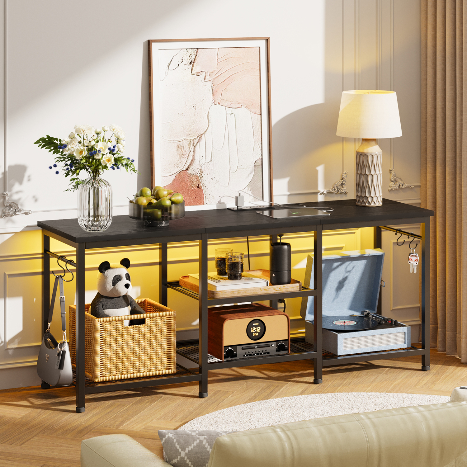 Tomnk 55" TV Stand with Charging Station and LED Lights, Black photo 7