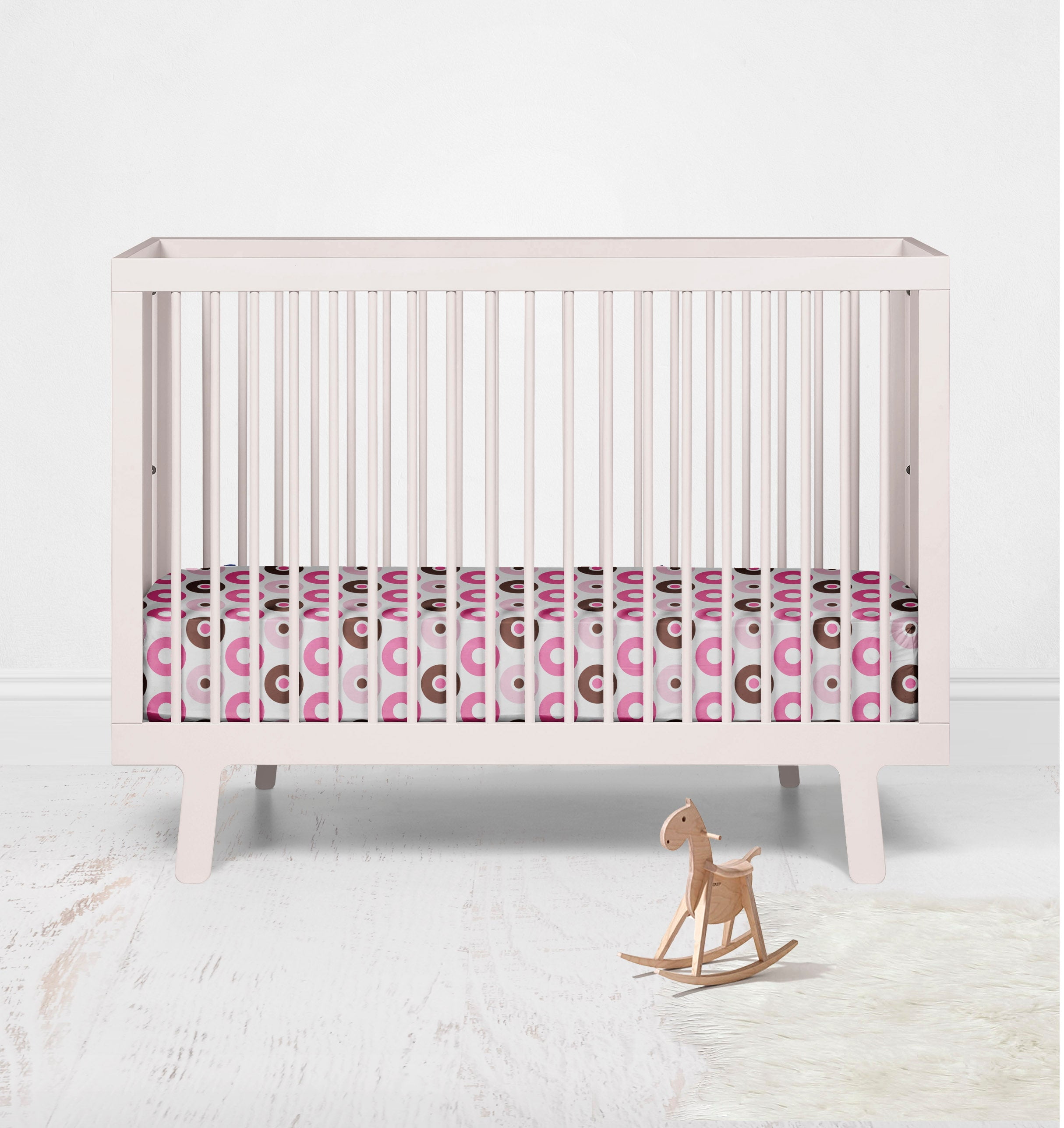 Bacati - Crib or Toddler Bed Fitted Sheet 100% Cotton Percale, Mod Dots/Stripes, Pink/Fuchsia/Beige/Brown