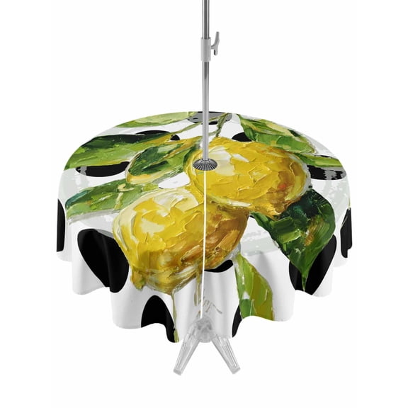 Outdoor Tablecloth with Umbrella Hole for Patio/Picnic/Party/Camping, Yellow Lemon Waterproof Table Cloth Round Cover Washable, Summer Oil Painting Fruits Black Polka Dot (Dia 54")