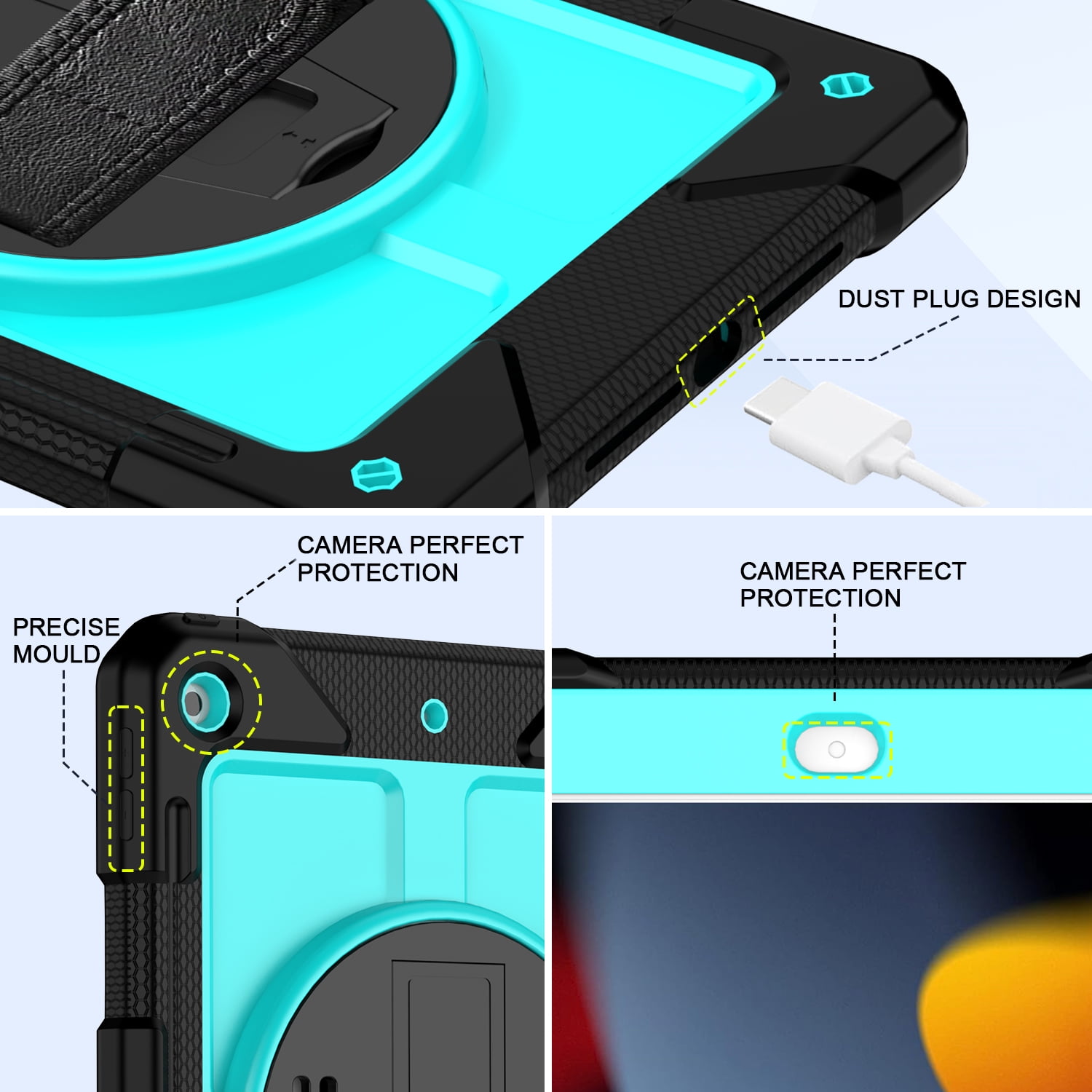 BMOUO iPad 9th Generation Case, iPad 8th/7th Generation Case, iPad 10.2 Case,Hybrid Shockproof [360 Rotating Stand] [Hand Strap] [Pencil Holder] Kids Case for New iPad 10.2" 2021/2020/2019, Sky Blue