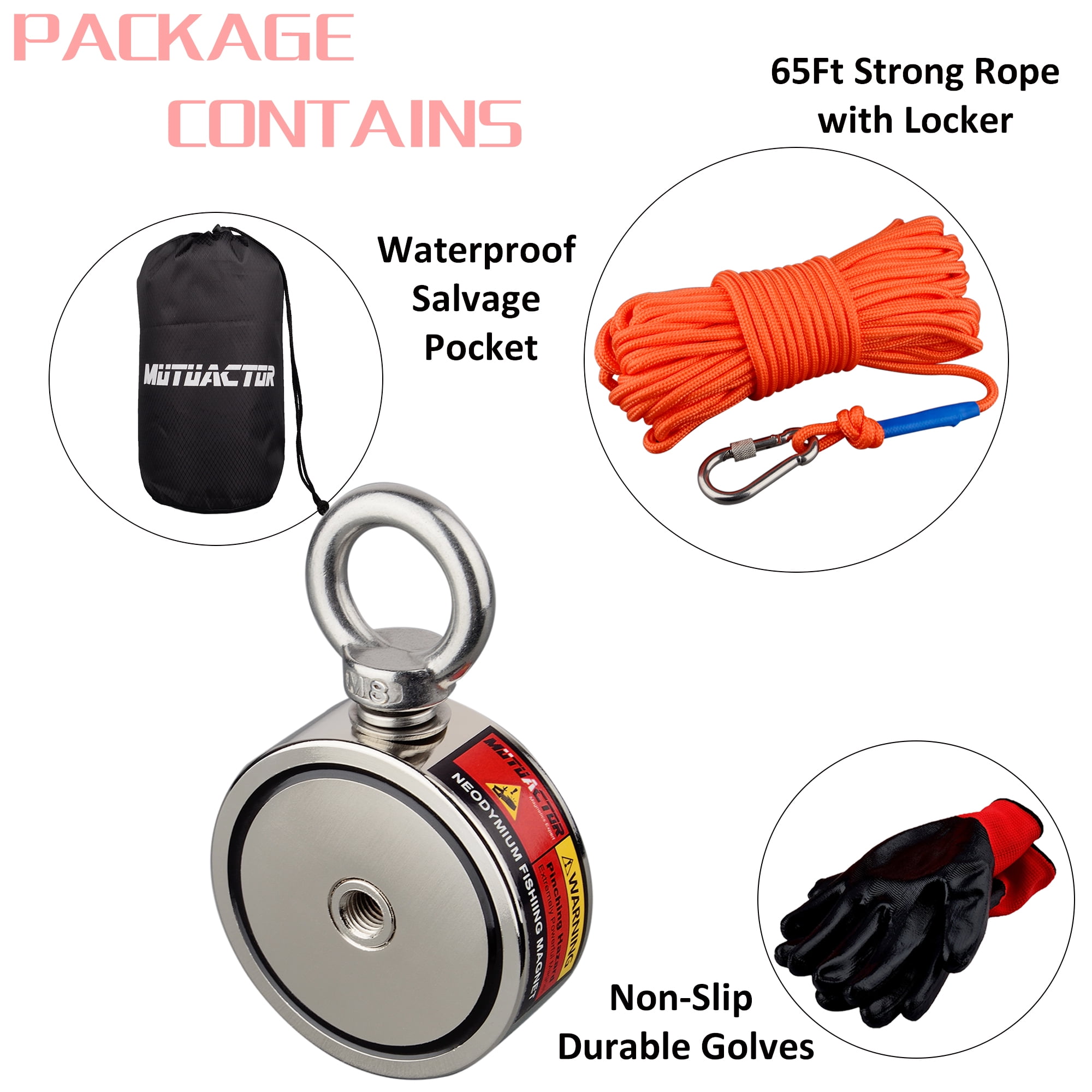  MUTUACTOR Neodymium Fishing Magnet,Double Sided Combined  1100lbs Powerful Fishing Magnet Heavy Duty with 65Ft Salvage  Rope,Durability Gloves,Waterproof Bag for Retrieving Tools Find Treasure :  Industrial & Scientific