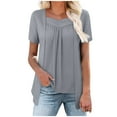 thumbnail image 2 of JTZGDY Summer Tunic Tops for Women to Hide Belly Fake Two Piece Short Sleeve Casual Solid Color V Neck Ruched Pleated T-Shirts Loose Flowy Layered Blouse for Leggings Gray L, 2 of 9