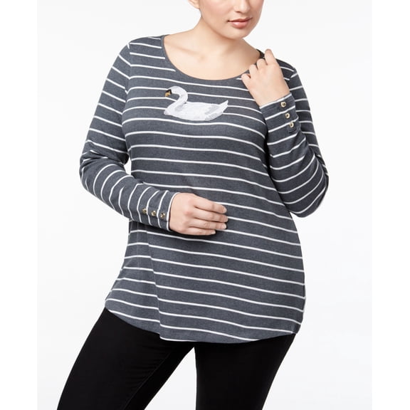 Charter Club Plus Size Embellished Top Charcoal Heather Combo 0X