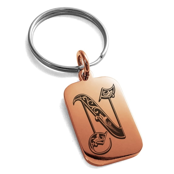Stainless Steel Letter N Initial Royal Monogram Engraved Small Rectangle Dog Tag Charm Keychain Keyring