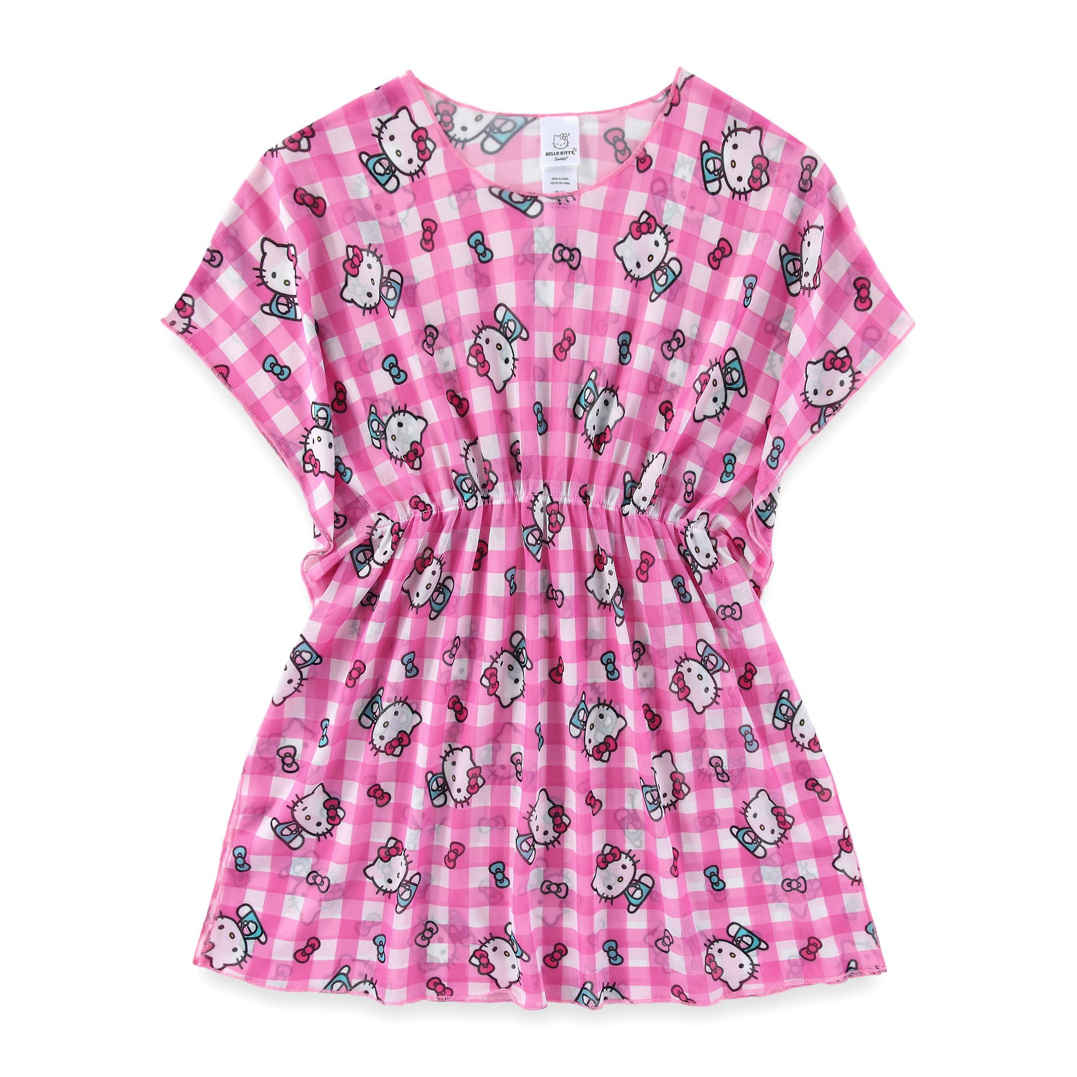 Hello Kitty Sanrio UPF 50+ One Piece Bathing Suit with Mesh Cover-Up Beach Robe (Girls), 2 Piece Set, Sizes 4-6X