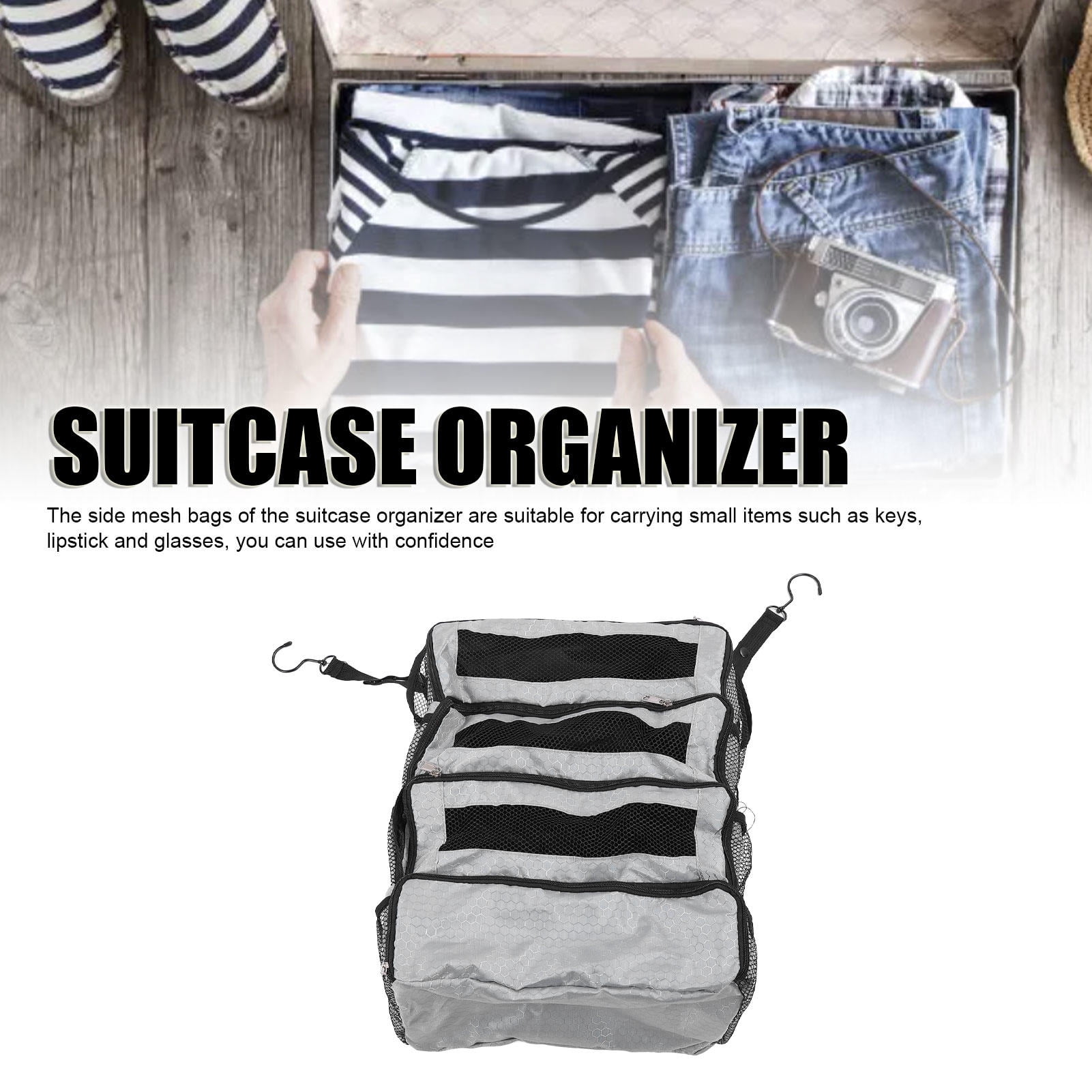 LAZIOEGR Foldable Travel Suitcase Organizer – 4‑Compartment Hanging Packing Cube with Mesh Pockets, Gray