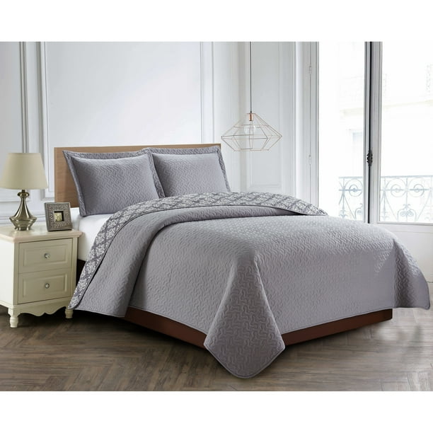 Harper Lane Yesler Grey Damask 3piece Reversible Quilt Set Full/Queen