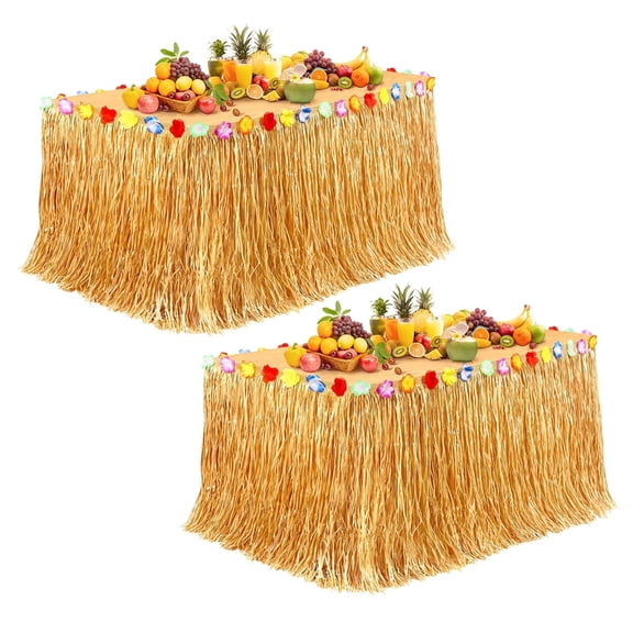 Kabuer Hawaiian Grass Table Skirt, Straw Table Skirt for Tropical Party Decorations and Hawaiian Themes, 9 ft x 29.5 inch, 2 Pcs
