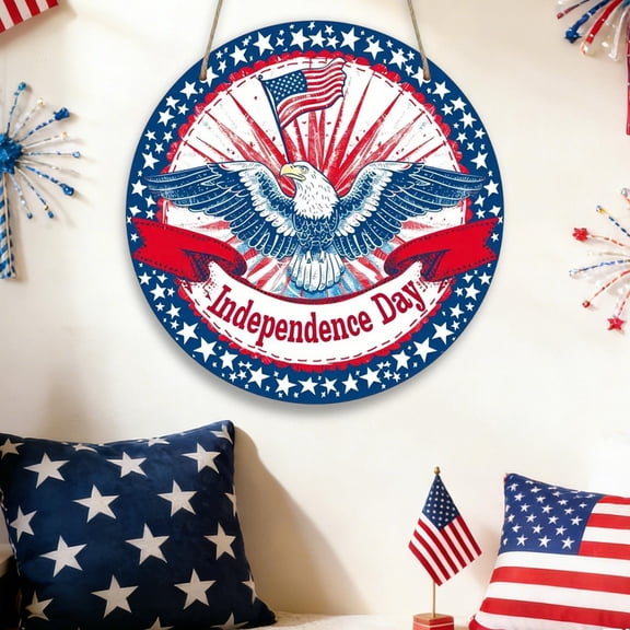 4th of July Patriotic Wooden Hanging Sign,American Flag Eagle Round Wall Decor for Independence Day,Front Door,Entryway,Indoor,Outdoor