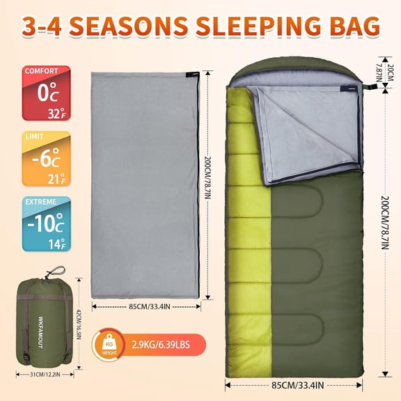 CAMP  10 Degree Sleeping Bags Waterproof for Adults 350GSM Machine Washable with Compression Sack for 3-4 Season Camping Outdoor