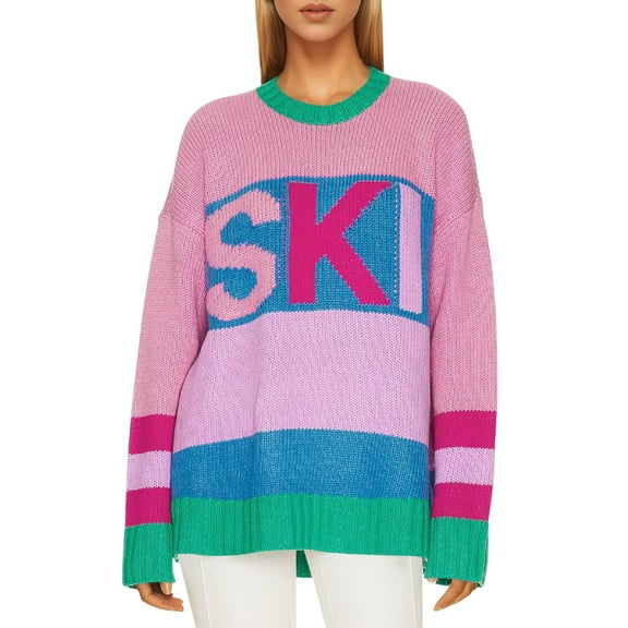 Women's Oversized Color Block Ski Print Sweater Trendy Fall Crew Neck Long Sleeve Pullover Knit Tops