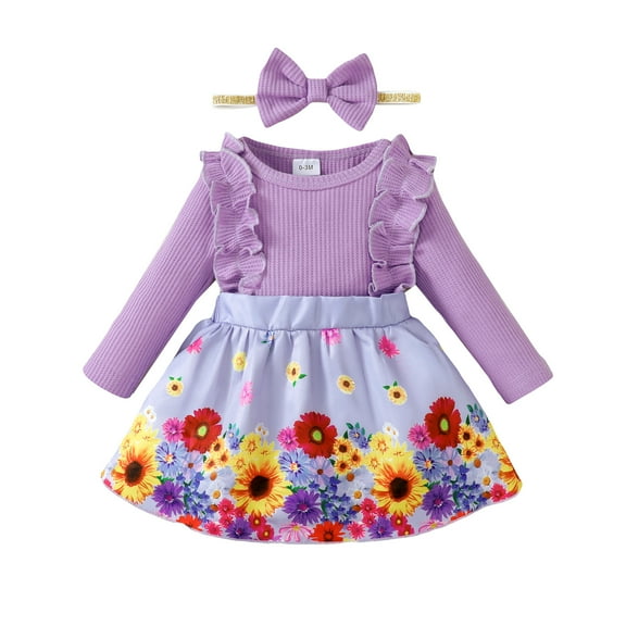 NZRVAWS 3 Months Baby Girls Long Sleeve Dress Flower Print 6 Months Girls Floral Dress Infant Girls Dress with Headband 2PCS Set Purple