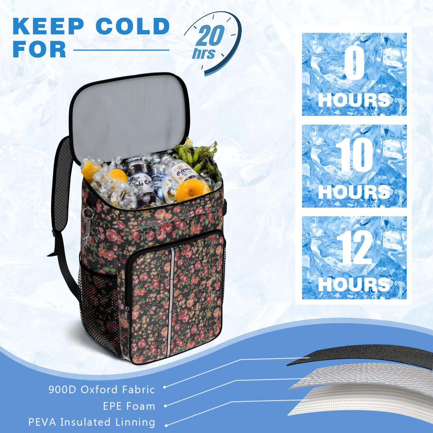 Travel Cooler Bag - Pioneer Flower Floral Print Pattern Camping Beer Cooler Backpack with Bottle Opener- Waterproof Insulated Picnic Backpacks - Cooler Bag for Beach