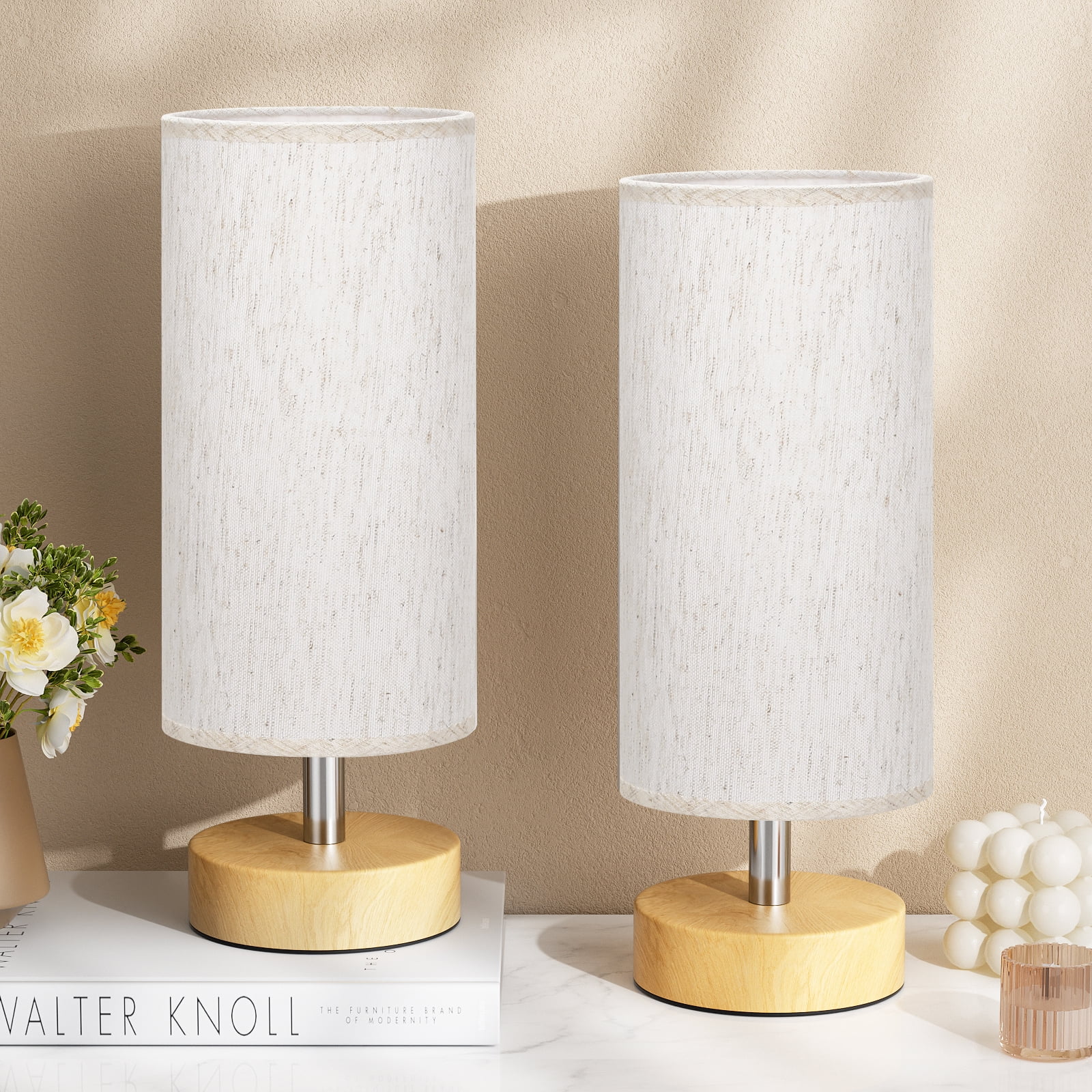 NiteLoom Bedside Table Lamp Set of 2, Cream Fabric Shade Minimalist Nightstand Light for Bedroom, Living Room, Dorm, Office