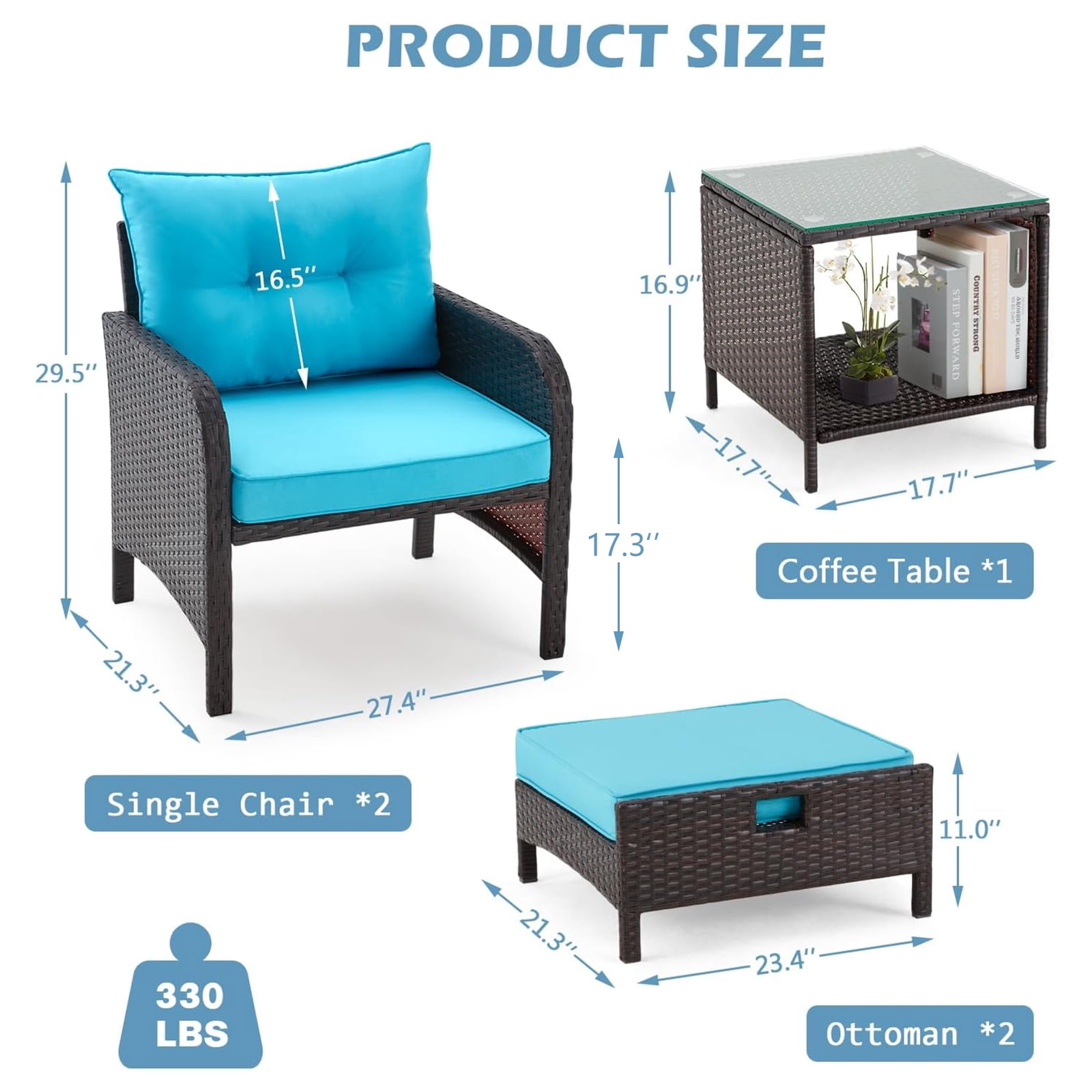 AVAWING 5 Pieces Patio Furniture Set, Outdoor Wicker Rattan Conversation Set with Ottoman & Table for Garden, Blue
