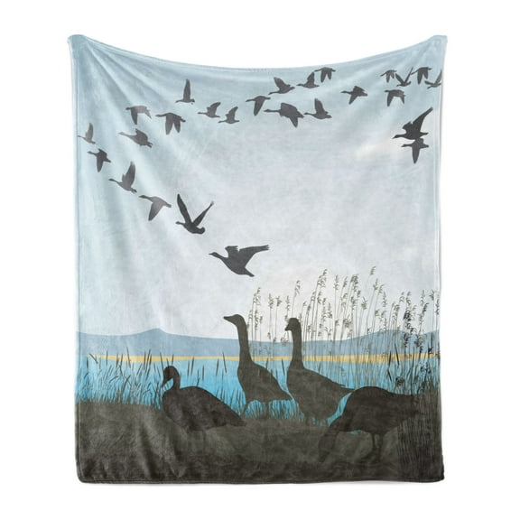 Goose Soft Flannel Fleece Blanket, Outdoor Nature Pond Scene Wild Birdies by the Lake Shore Migrating Animals, Cozy Plush for Indoor and Outdoor Use, 50" x 70", Pale Blue Dark Grey, by Ambesonne