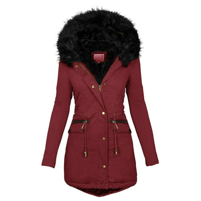 HBFAGFB Womens Winter Coats Plush Hooded Irregular Hem Outdoor Windproof Skiing Jackets Wine Size 4XL