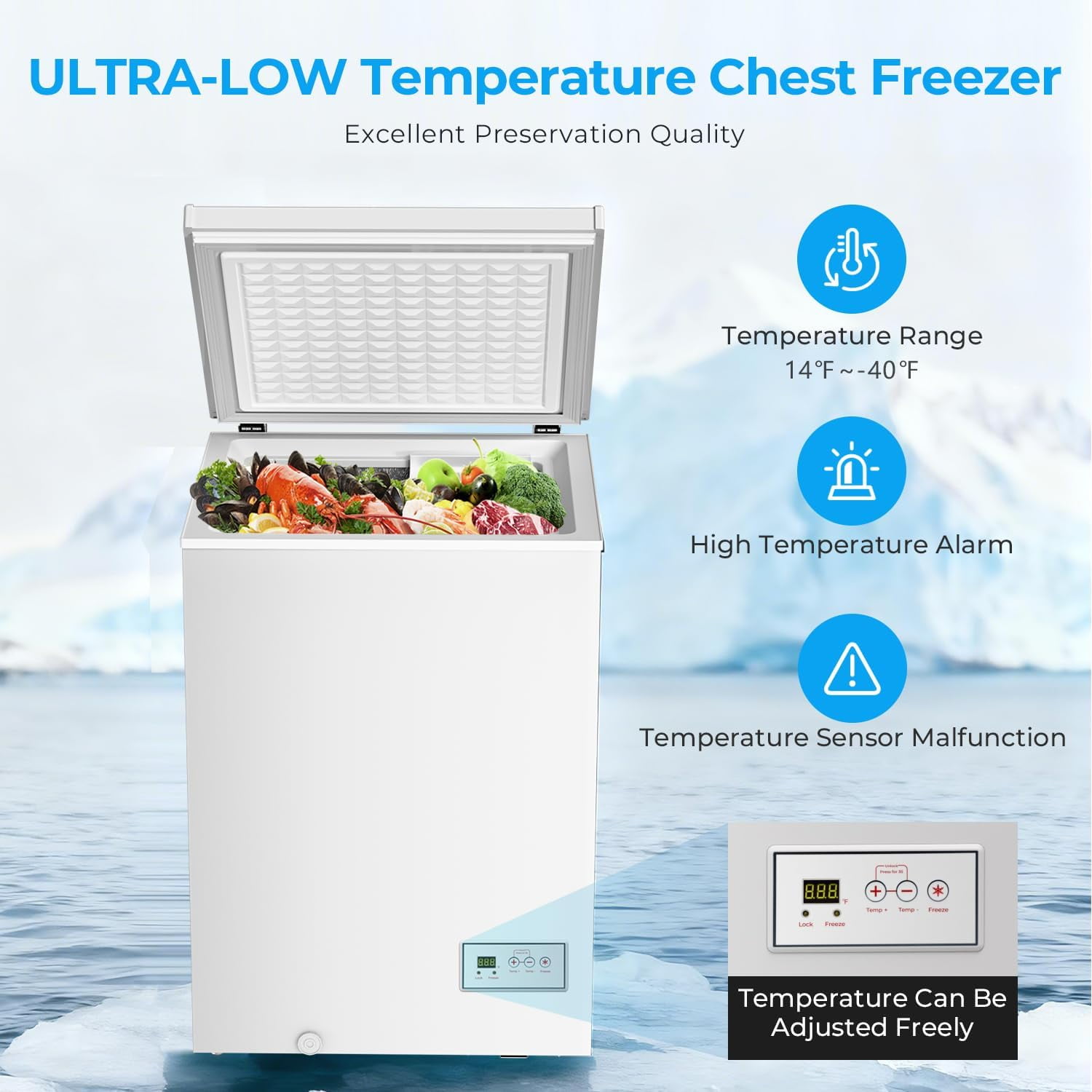 Chest Freezer 3.2 Cubic Feet 14℉to -40℉ Low Temperature Deep Freezer with Removable Basket,Free Standing Top Open Door Small Freezer,Adjustable Temperature for Home,Basement,Kitchen,White