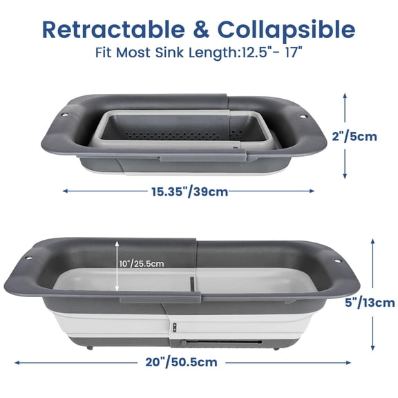 Collapsible Colander Strainer, Expandable Over the Sink Colander for Kitchen, Adjustable Silicone Sink Strainer, Foldable Large Colanders Basket to Wash Vegetable, Fruit, 15" to 19.8", Gray