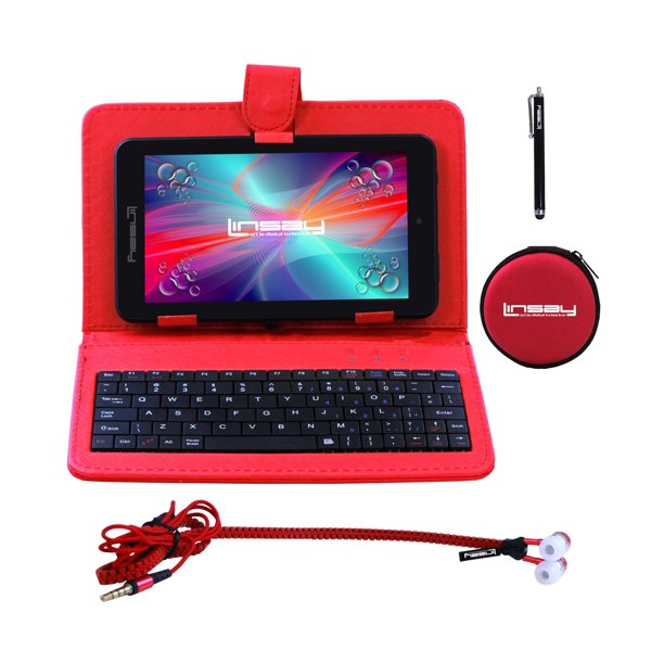 LINSAY 7" New Quad Core Tablet Super Bundle with Red Keyboard