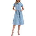 thumbnail image 2 of INSPIRE CHIC Women's Denim Casual Button Down Short Sleeves Belted Midi Dress S Blue, 2 of 6