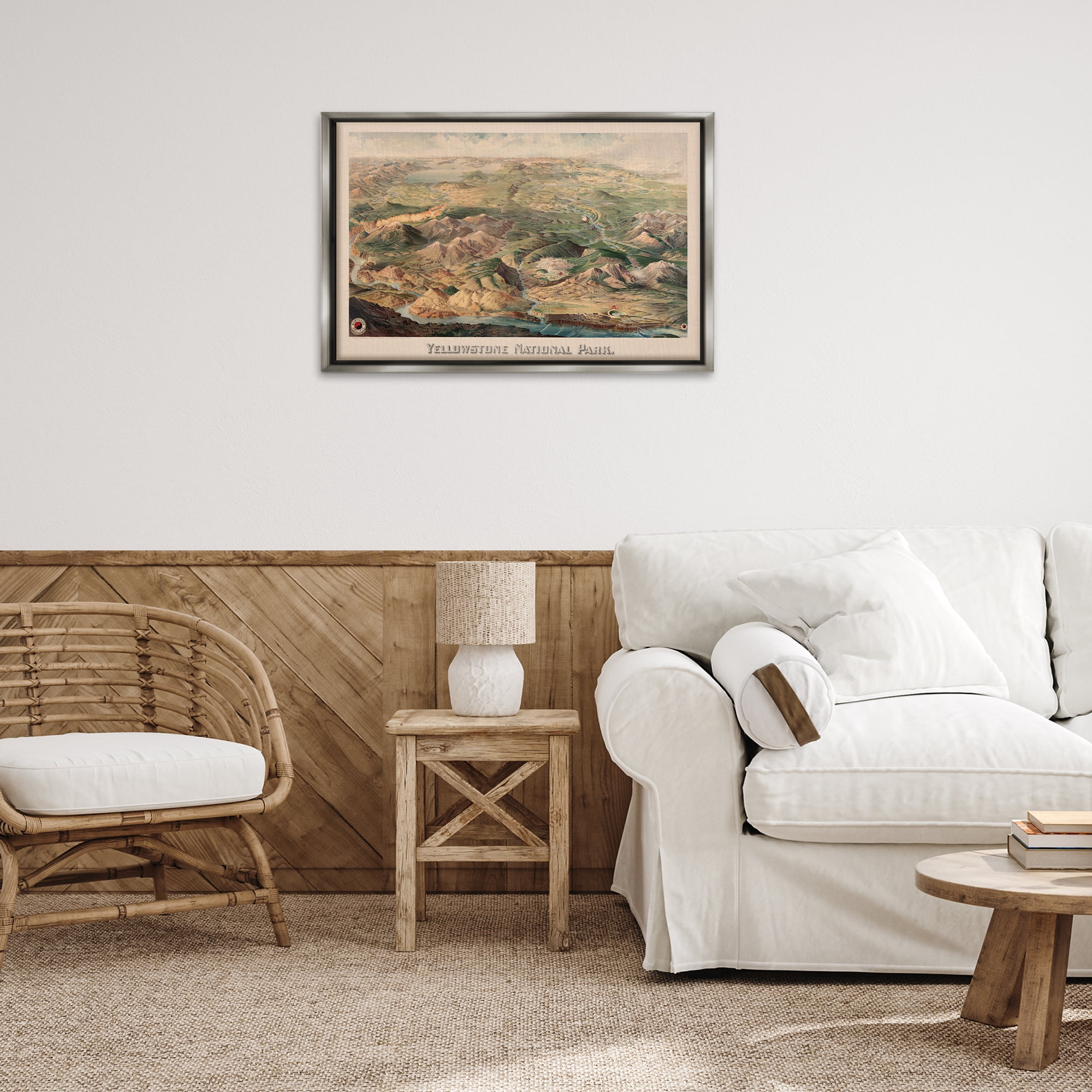 Stupell Industries Vintage Yellowstone Park Landscape Painting Gray Floater Framed Art Print Wall Art, 31 x 21
