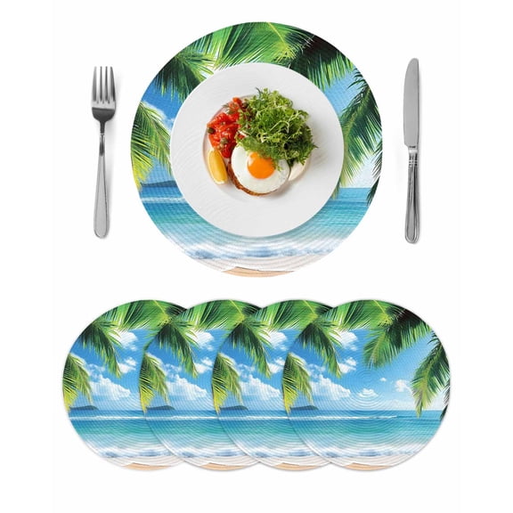 Round Woven Placemats set of 4, Tropical Summer Washable&Heat Resistant Plastic Wipeable Placemats for Round Table Beach Ocean Coconut Tree Kitchen Dining Table Decor, 13in, Bule Green
