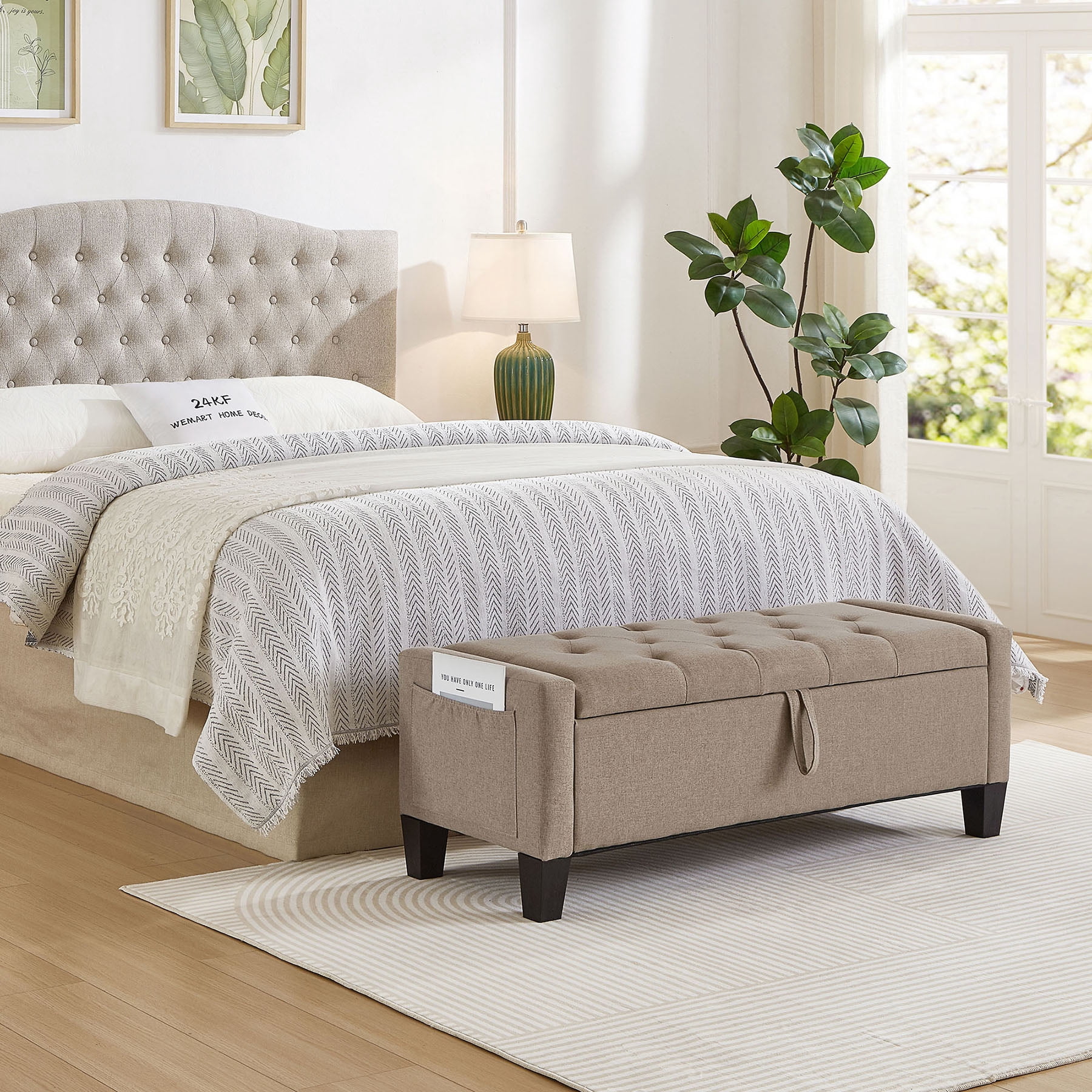 CQSXDA Upholstered Ottoman Bench in Linen with Storage and Safety Hinge for Entryway Seating and Organization