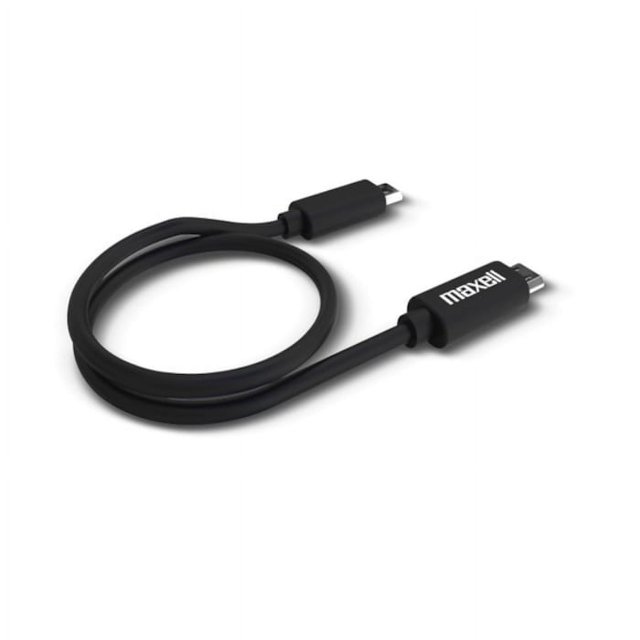 cable micro usb maxell transferencia de carga Cable USB 2.0 Micro-B negro de 0.3 m, vista frontal centrada con conector Micro-USB y funda con logo Maxell, cable enrollado sobre fondo blanco; diseñado para carga y transferencia de datos en dispositivos Micro-USB y adecuado para llevar en un kit de viaje.
