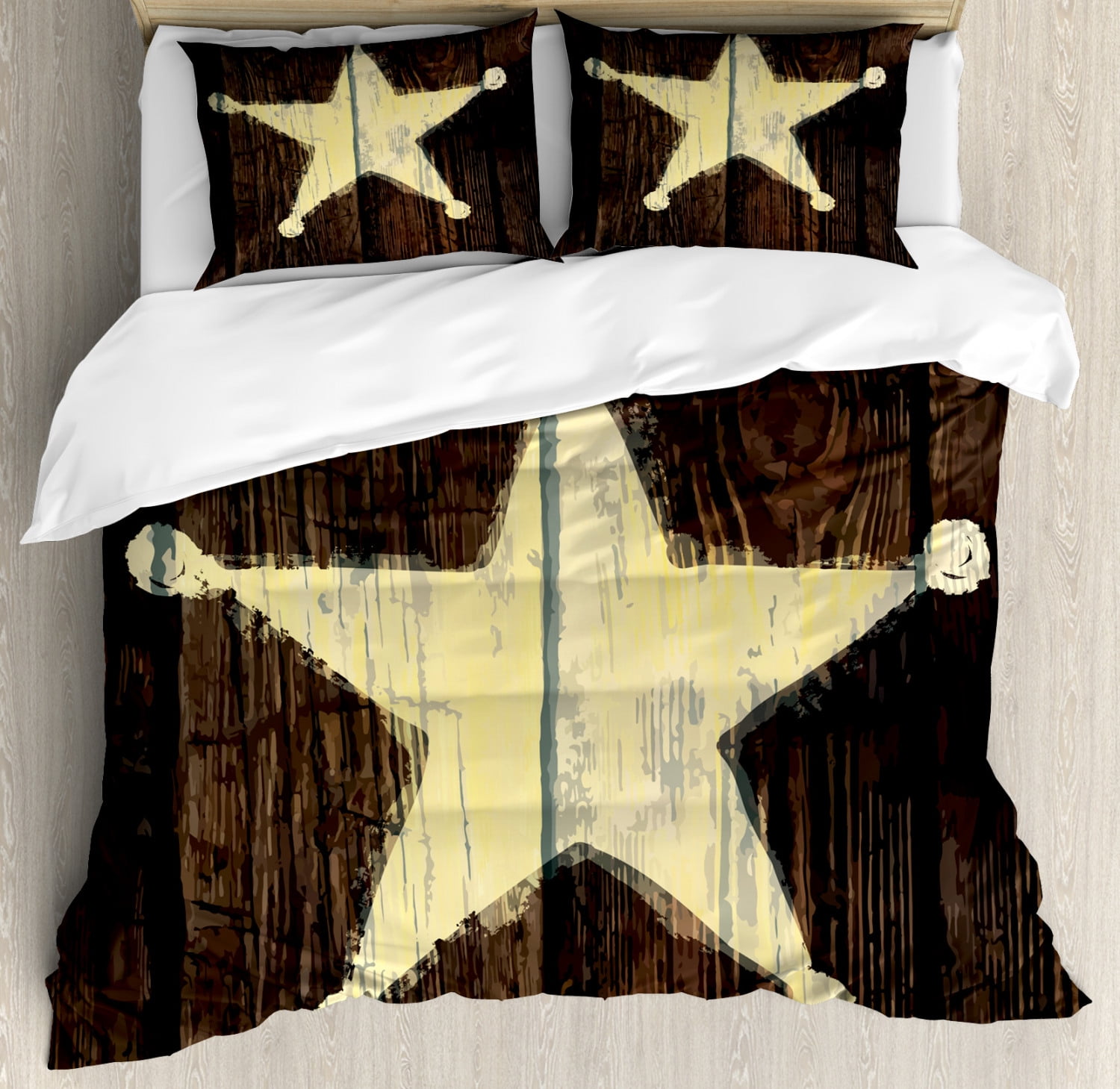 Western Duvet Cover Set, Southwestern Primitive Rustic Wooden Lone Star