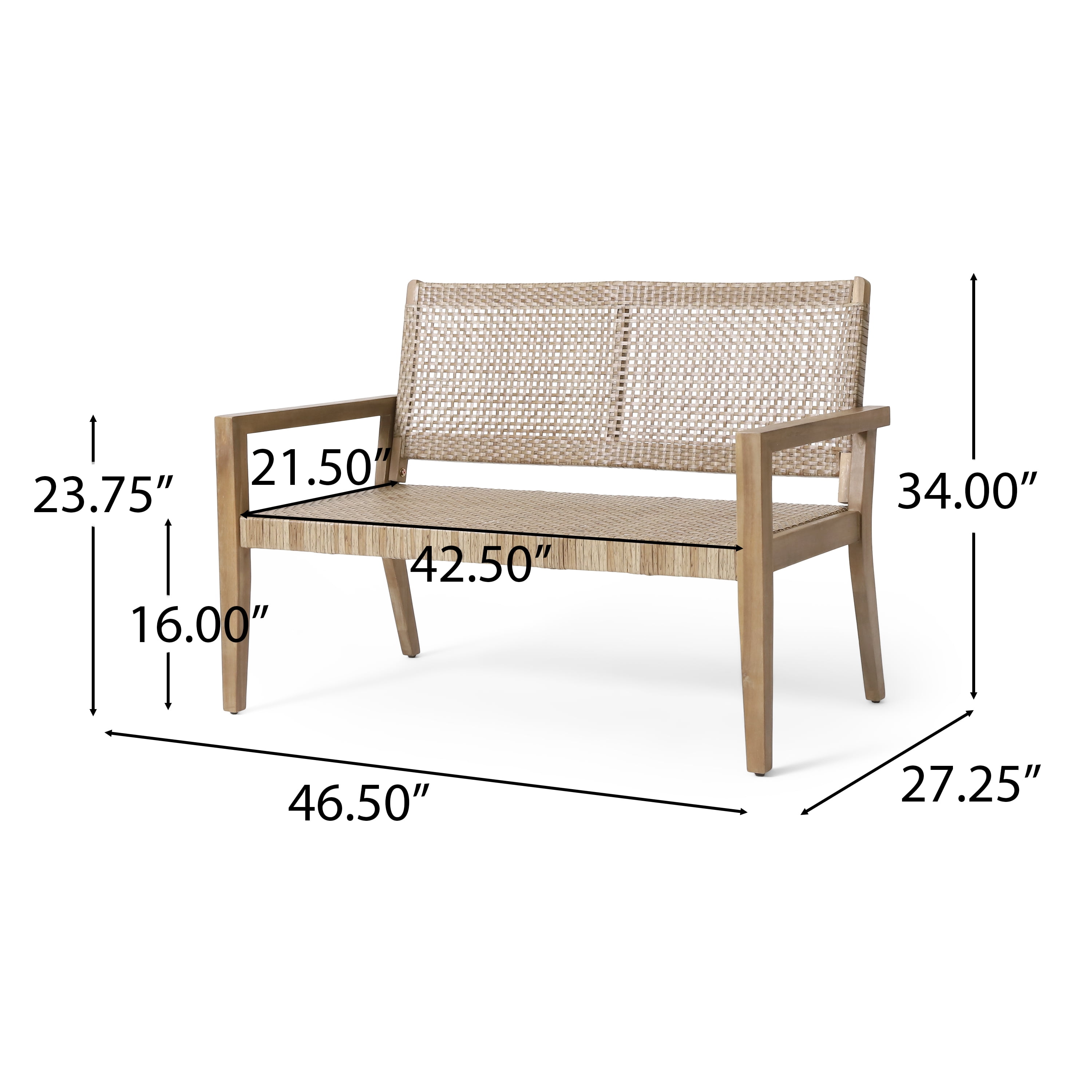 Outdoor Double Seat Sofa, Combined Wicker and Acacia Wood Structure for Patio Garden, Light and Light Brown